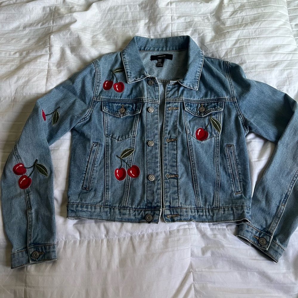 Denim Jacket with Cherry Embroidery